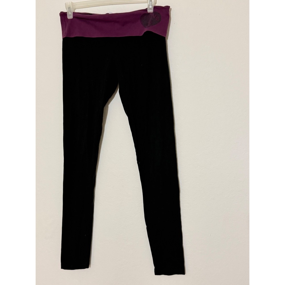 Victoria's Secret Foldover Yoga Leggings Black Purple Heart Logo Large Long